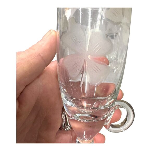 Etched Glass Irish Coffee Mugs Four Leaf Clover Design Finger Handle Set Of 4 - Picture 4 of 8